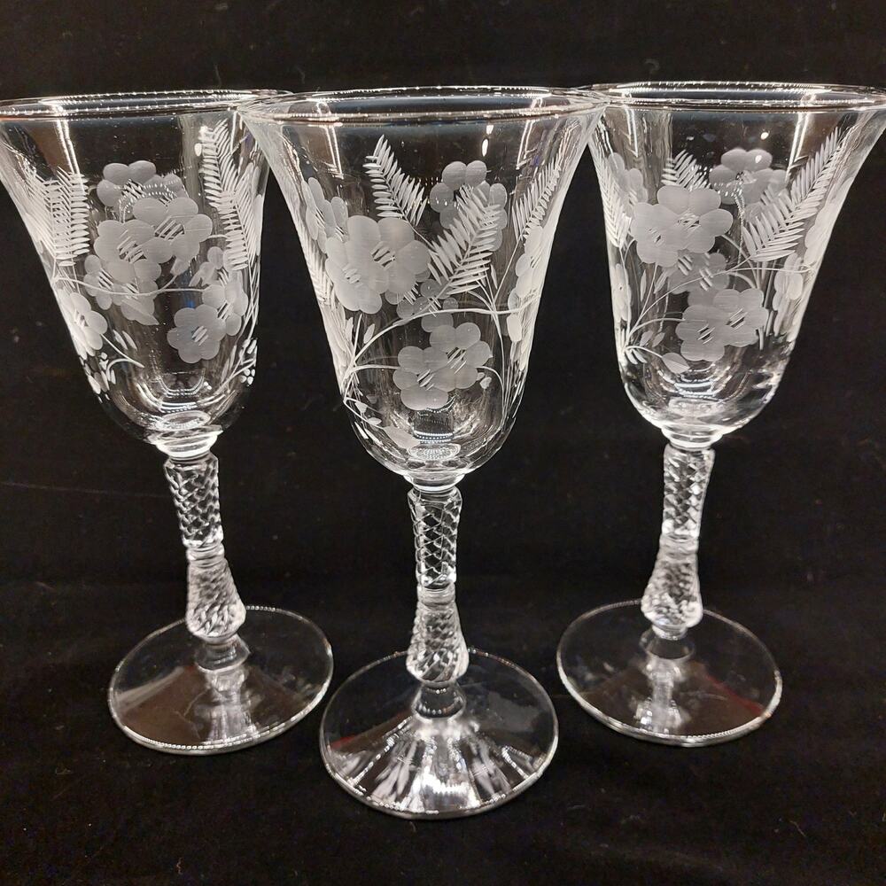 Set of 3 Vtg LIBBEY ROCK SHARPE 3007 Crystal Wine Water Goblets Etched Floral